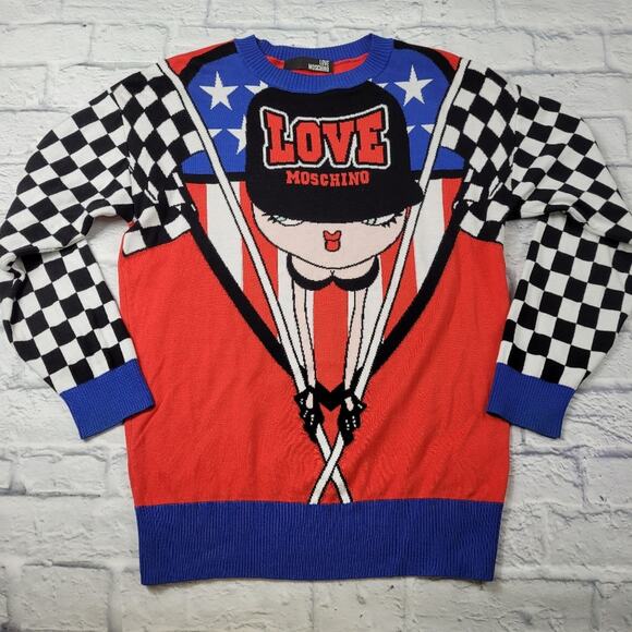 Love Moschino Race Theme Boop Babe Logo Sweater Stars Red Blue White size Small - Picture 2 of 16